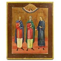 Старинная деревянная икона святые Гурий Самон и Авив (икона оберегающая семью, икона покровительница семьи и брака). Россия, монастырское письмо, паломническая икона, XIX век. Старинная деревянная икона святые Гурий Самон и Авив (икона оберегающая семью, икона покровительница семьи и брака). Россия, монастырское письмо, паломническая икона, XIX век.
