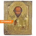 Купить икону Николая Чудотворца 19 века Вы можете тут, икона в латунном окладе. Россия, Мстера, XIX век.
